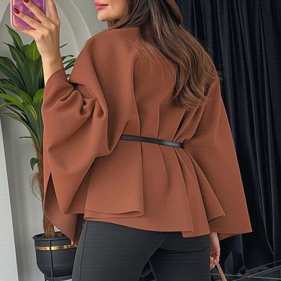 Brown Elegant Womens Stand Collar Loose Poncho Cloak Jacket - Picture 2 of 5